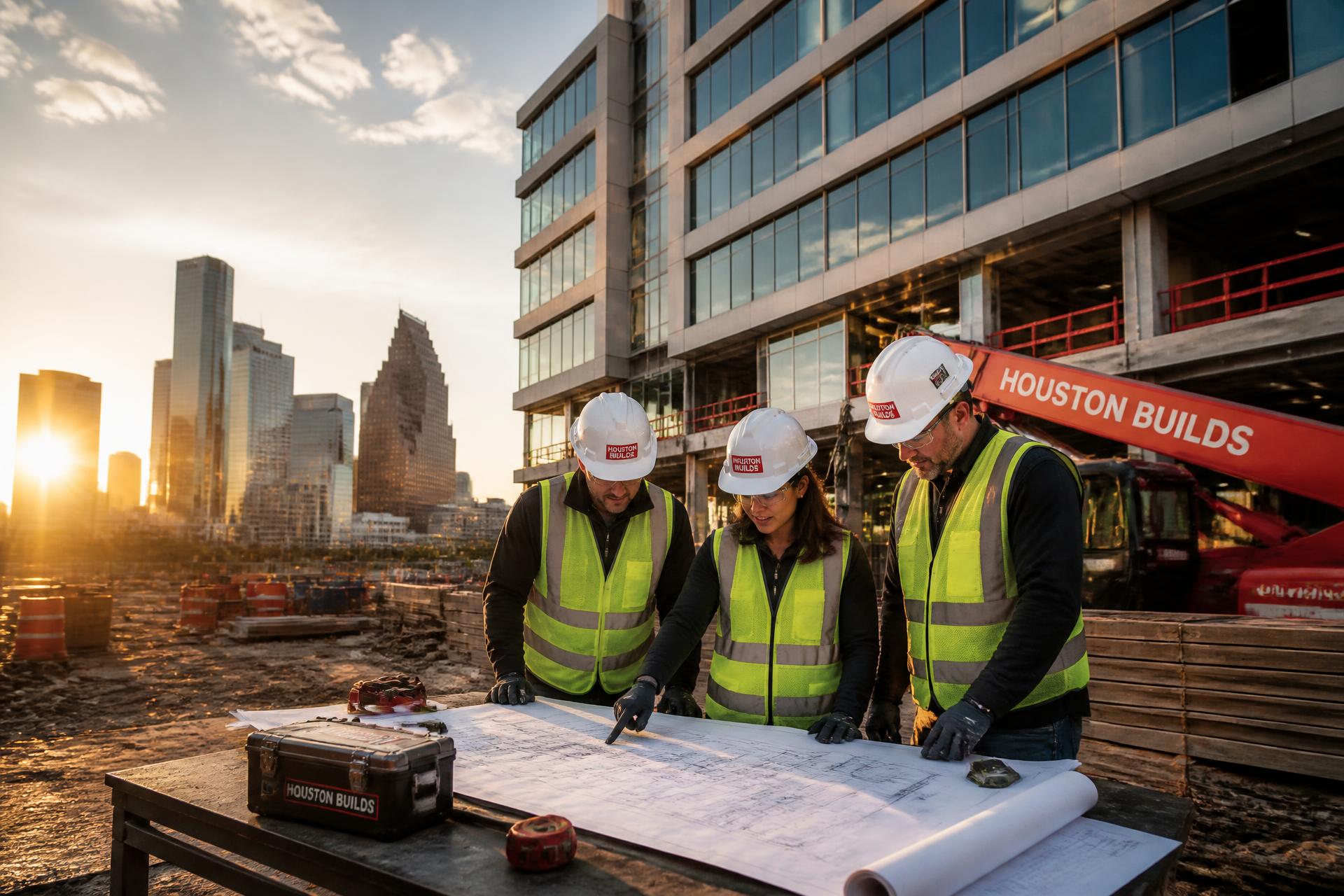 Prime Pros commercial construction crew reviewing plans on a Houston jobsite